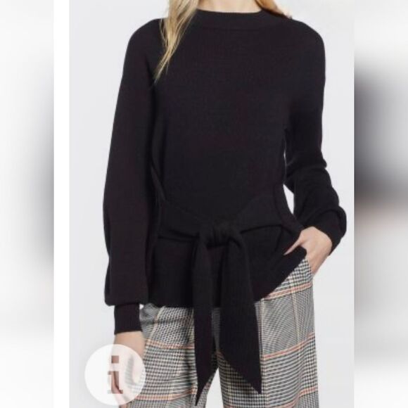 Halogen x Atlantic-Pacific Black Wool Cashmere Blend Tie Front Sweater Size XS - Picture 1 of 4
